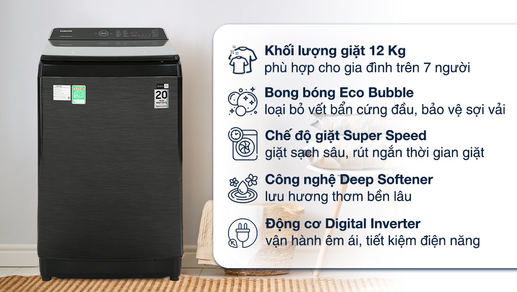 Khám phá các tiện ích nổi bật giúp nâng cao hiệu quả giặt sạch của máy giặt Samsung 12kg WA12CG5745BV/SV