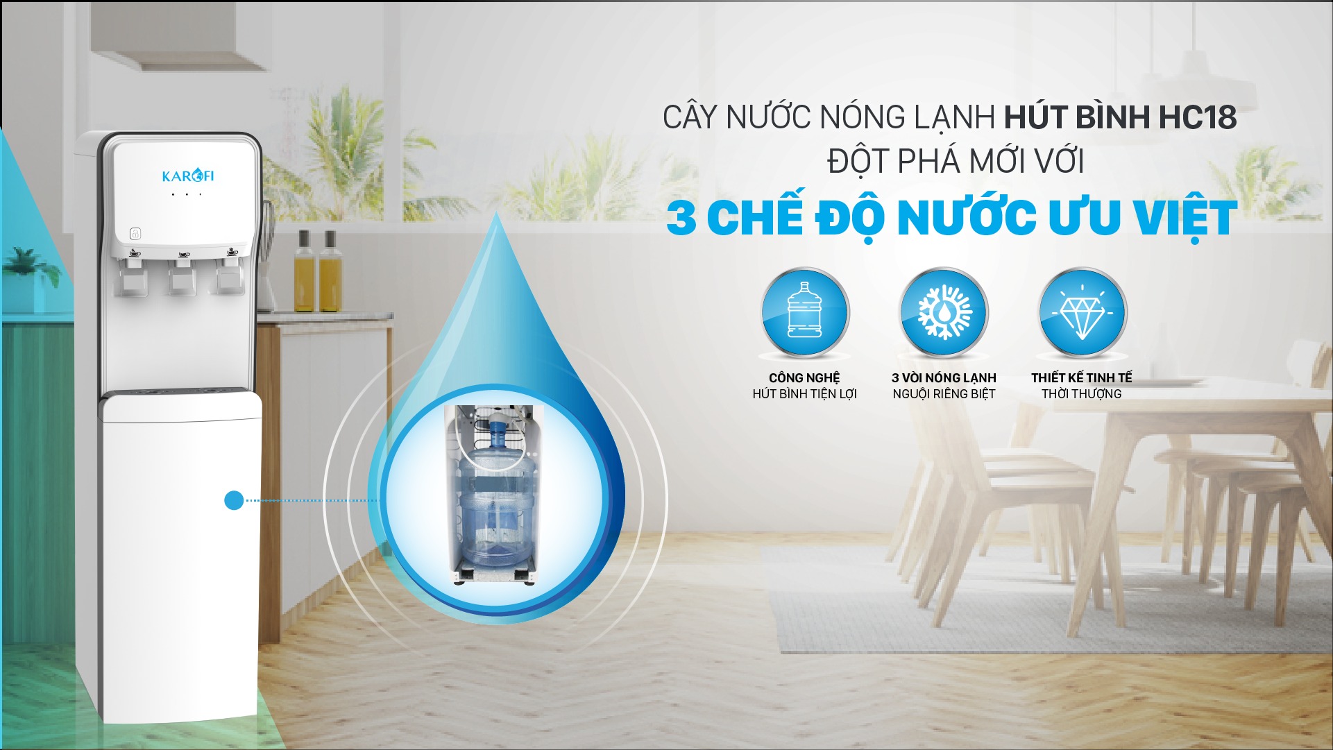 Khám phá cây nước nóng lạnh 3 vòi Karofi HC18 cây nước nóng lạnh 2 chức năng, thiết kế sang trọng