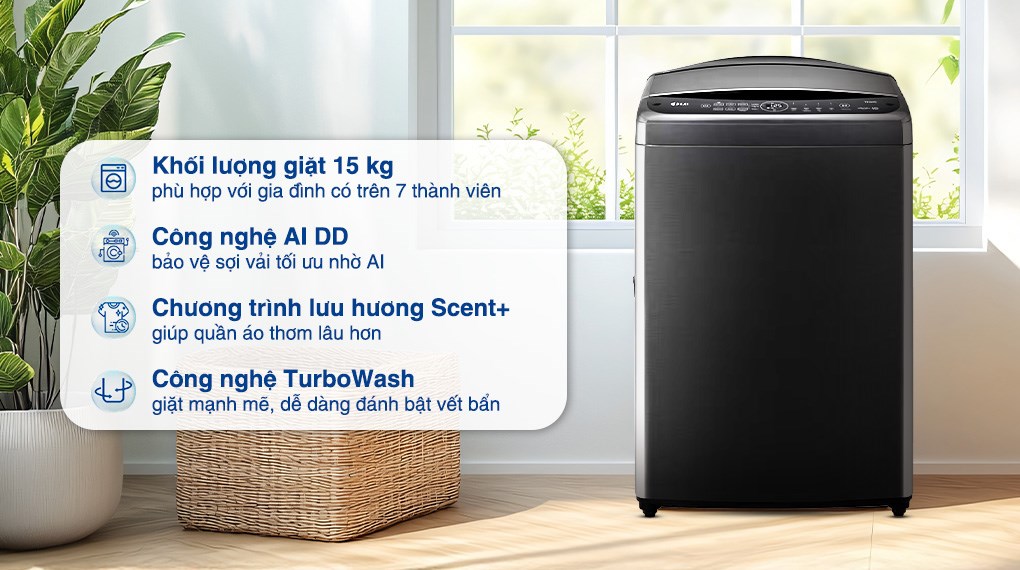 Lựa chọn hoàn hảo cho gia đình đông người với máy giặt LG lồng đứng TV2515DV5J