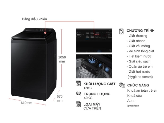Top máy giặt cửa trên đáng mua nhất 2025 - Máy giặt samsung 12kg WA12CG5886BV/SV