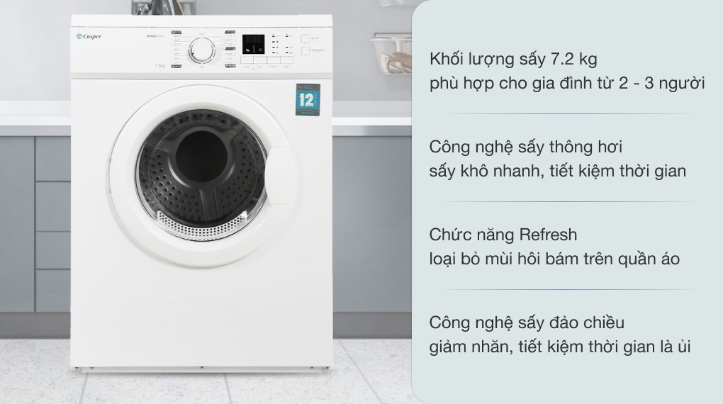 Máy sấy quần áo Casper thông hơi TD-72VWD cho gia đình ít thành viên