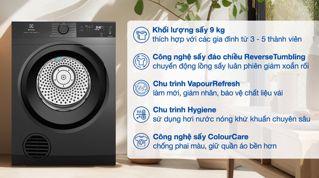 Điểm qua một số ưu điểm trên máy sấy quần áo Electrolux 9Kg EDS904N3SC 