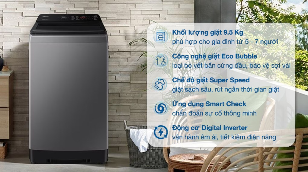 Hướng dẫn tối ưu hiệu suất máy giặt Samsung lồng đứng WA95CG4545BDSV cho gia đình 5 đến 7 người