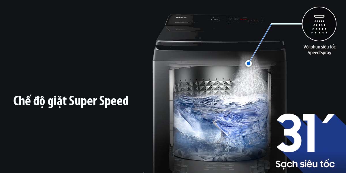 Hướng dẫn sử dụng tính năng Super Speed và Intensive Wash trên máy giặt Samsung lồng đứng WA14CG5886BV/SV hiệu quả nhất