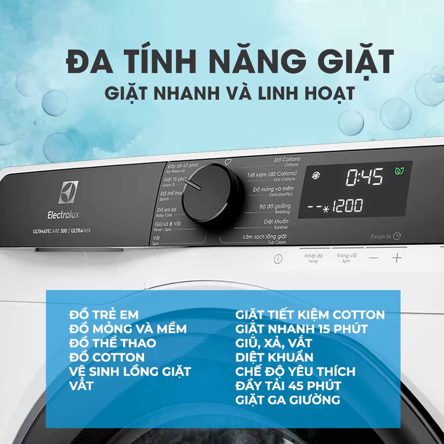 Giặt nhanh, giặt sâu cho gia đình bận rộn với máy giặt Electrolux 10Kg EWF1023P5WC 