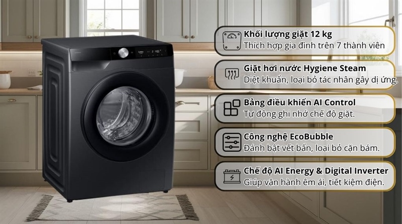 Máy giặt samsung cửa ngang 12Kg WW12CG604DLBSV tiện nghi và hiệu quả cho gia đình 4-6 người