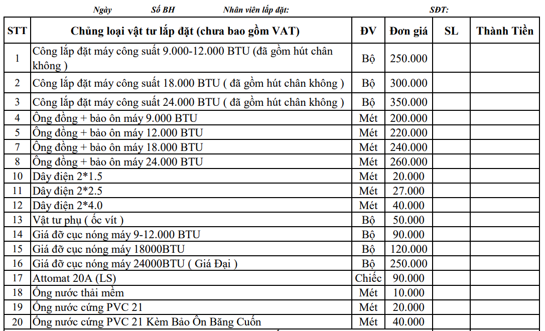 Bảng báo giá vật tư và nhân công lắp đặt điều hòa treo tường