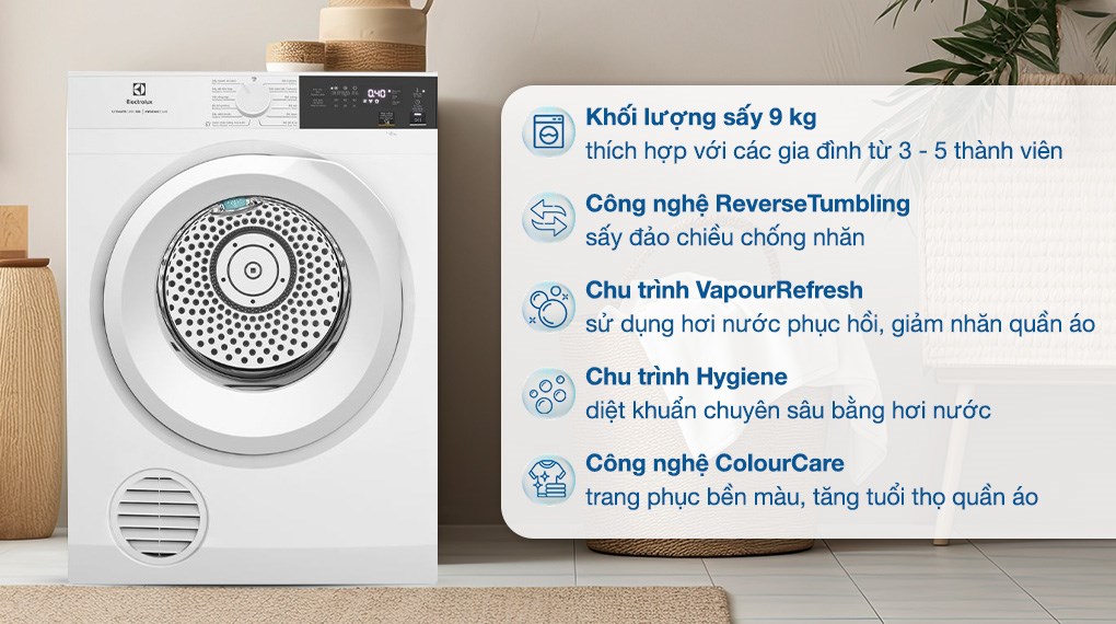 Đánh giá ưu  nhược điểm trên máy sấy quần áo Electrolux 9Kg EDS904H3WC