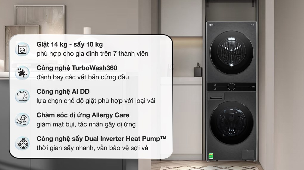 4 ưu điểm đáng chú ý của tháp giặt sấy LG thông minh WT1410NHB 