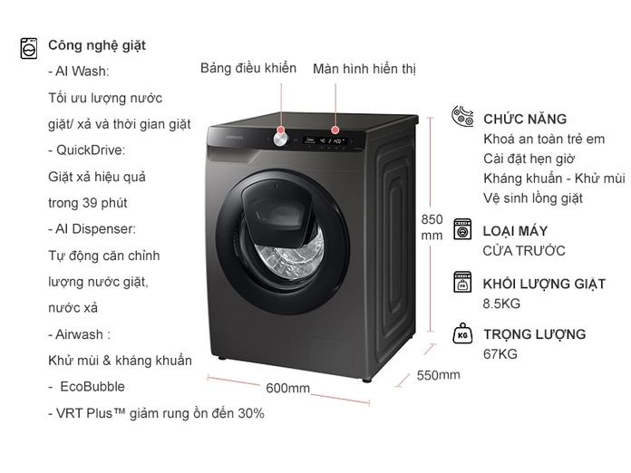 Kích thước, thiết kế và tính năng thông minh trên máy giặt Samsung 10kg cửa ngang WW10TP44DSB/SV 