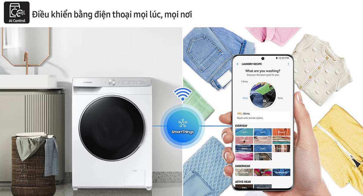Trải nghiệm điều khiển từ xa qua ứng dụng SmartThings với máy giặt Samsung giá rẻ WW12CGP44DSH/SV
