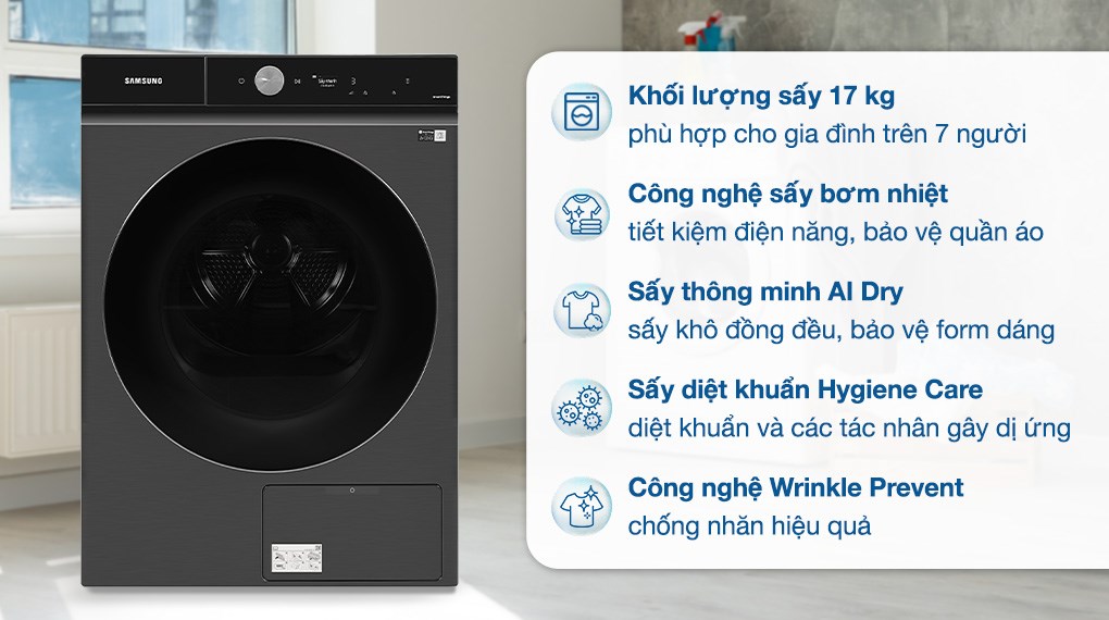 5 đặc điểm đáng chú ý của máy sấy quần áo Samsung Bespoke 17Kg DV17B9750CV/SV