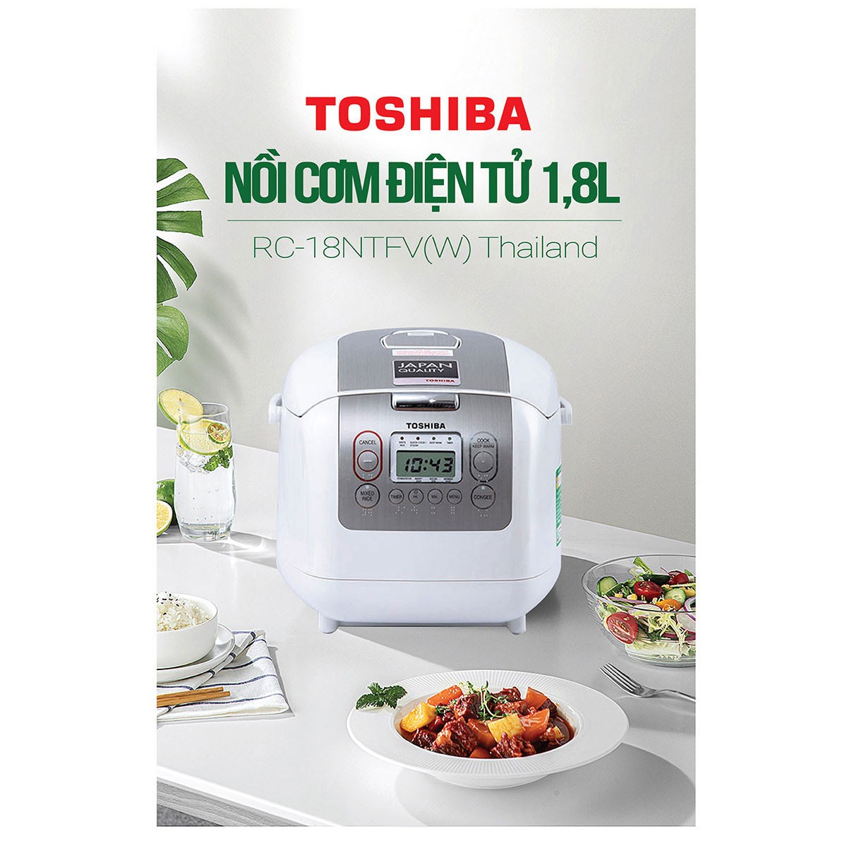 Nồi cơm điện tử Toshiba RC-18NTFV(W) 1.8 Lít hiện đại, tiện ích, cơm ngon chuẩn nhật