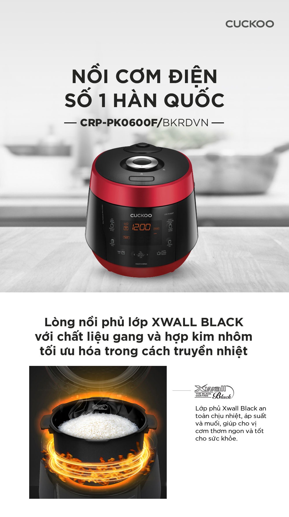 Nồi cơm áp suất điện tử Cuckoo CRP-PK0600F 1.08 Lít nấu bữa cơm ngon, dưỡng chất trọn vẹn