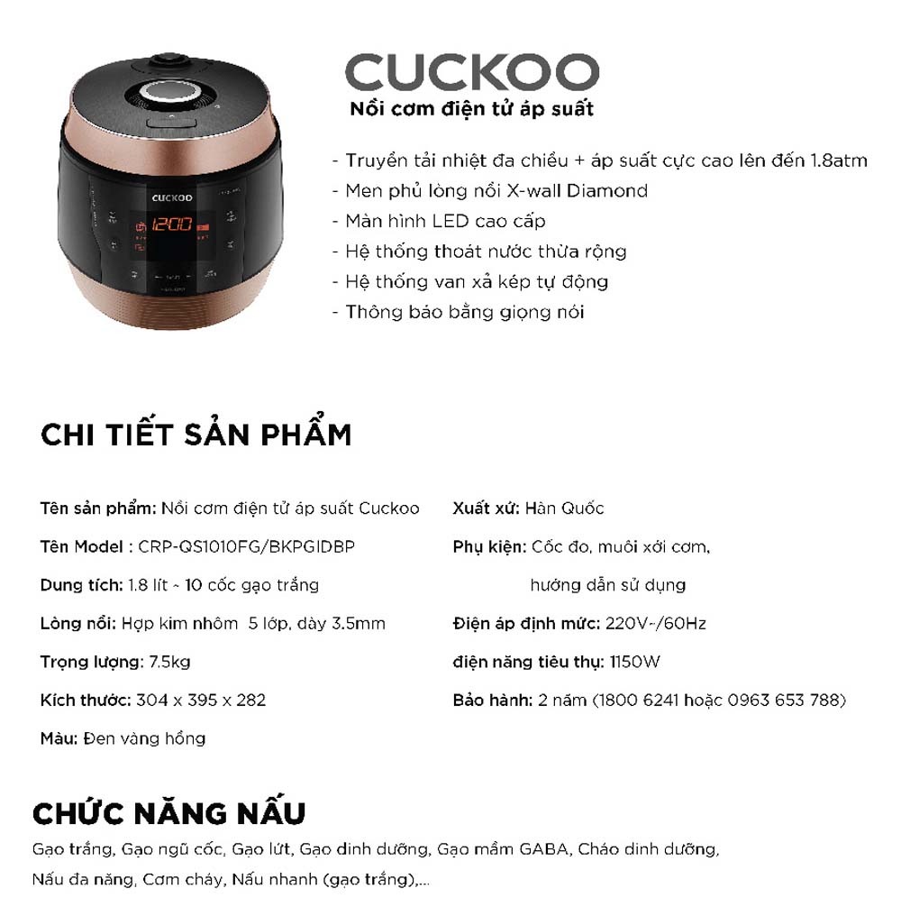 Nồi cơm áp suất điện tử Cuckoo 1.8 Lít CRP-QS1010FG đỉnh cao công nghệ nấu cơm chuẩn hàn quốc