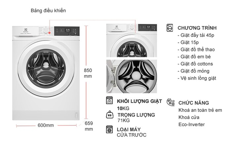 Review chi tiết bảng điều khiển song ngữ và màn hình LED trên máy giặt Electrolux inverter EWF1024D3WC