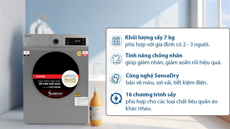 Máy sấy quần áo Toshiba 7kg TD-H80SEV(SK) đem lại giải pháp sấy khô quần áo hoàn hảo