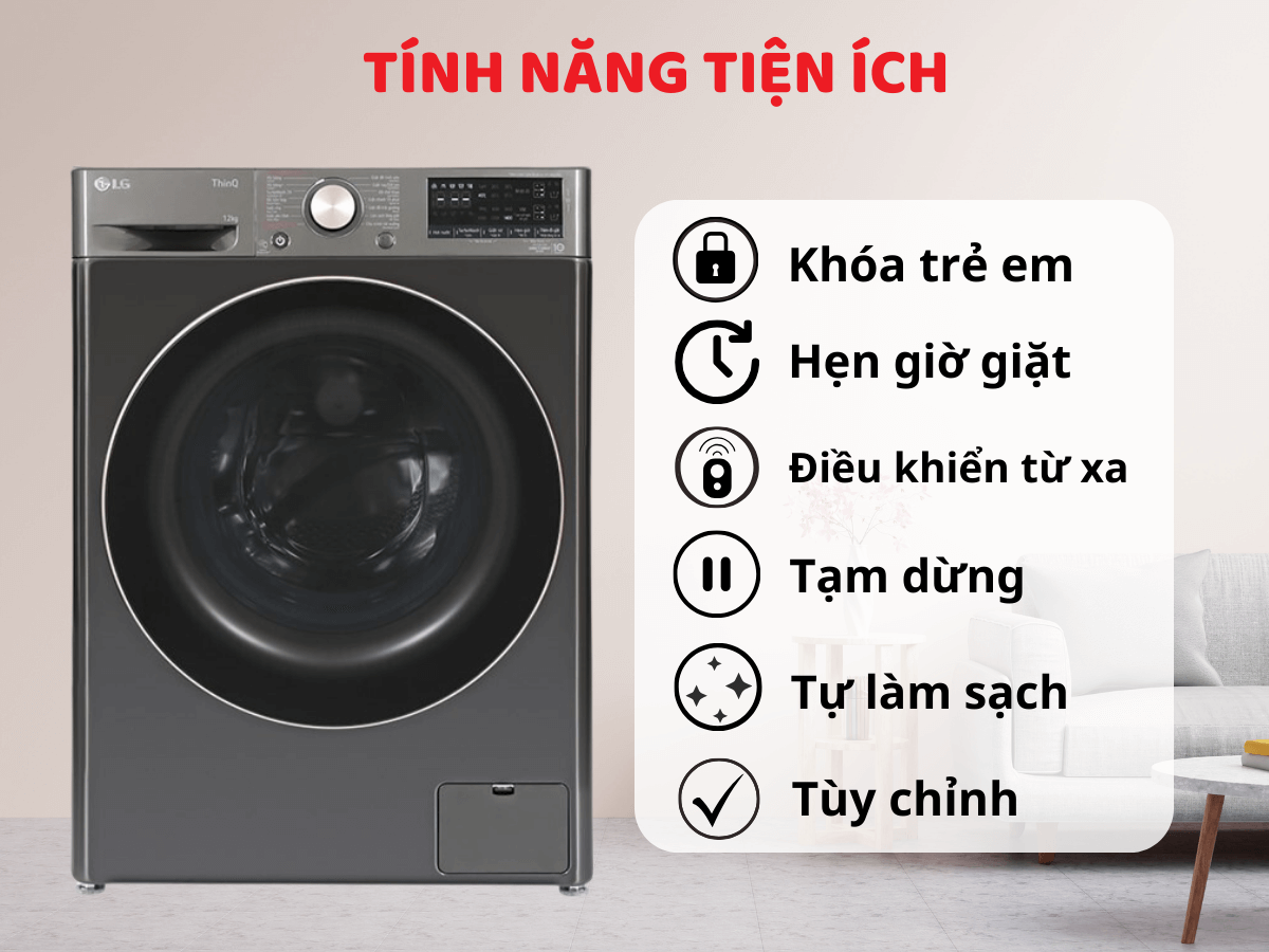 Kết hợp AI Inverter và công nghệ Steam+ diệt Khuẩn trên máy giặt LG 12kg FV1412S3BA