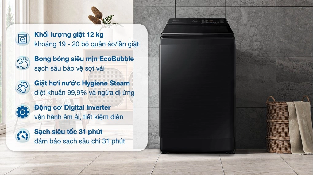 Trải nghiệm thực tế máy giặt Samsung 12kg WA12CG5886BVSV có “đáng đồng tiền bát gạo”?