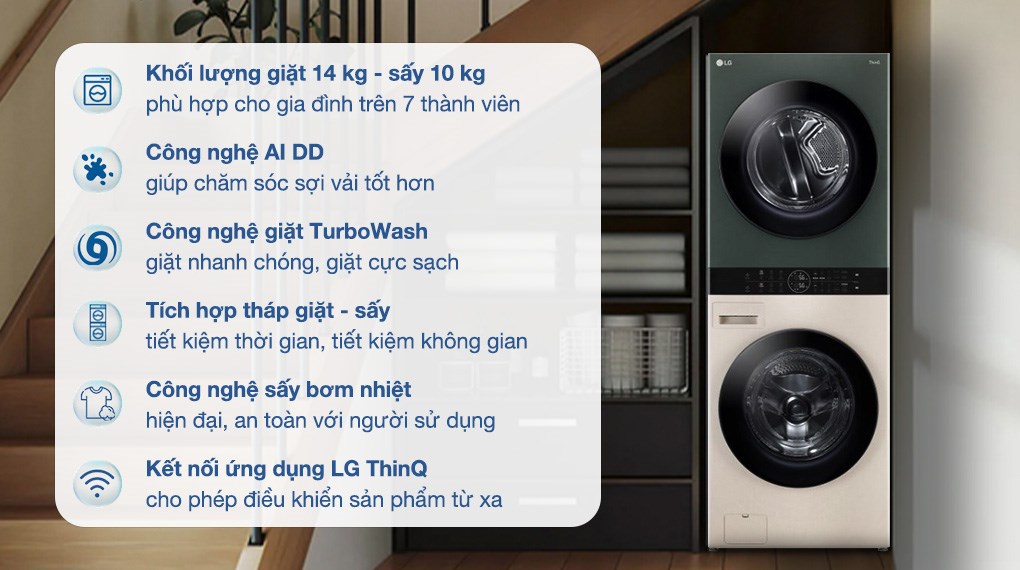 Tháp giặt sấy LG thông minh WT1410NHEG tối ưu hóa mọi không gian sống