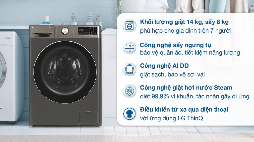 7 Lý do máy giặt sấy LG 14kg sấy 8kg FV1414H3BA không nên bỏ lỡ