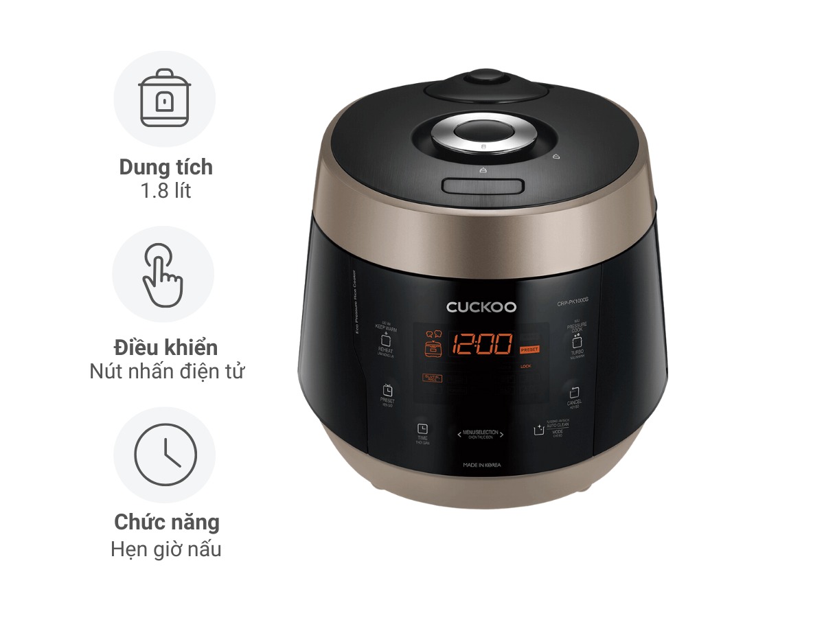 Nồi cơm áp suất điện tử Cuckoo CRP-PK1000S 1.8 Lít Vàng-Đen đỉnh cao công nghệ nấu nướng cho gia đình