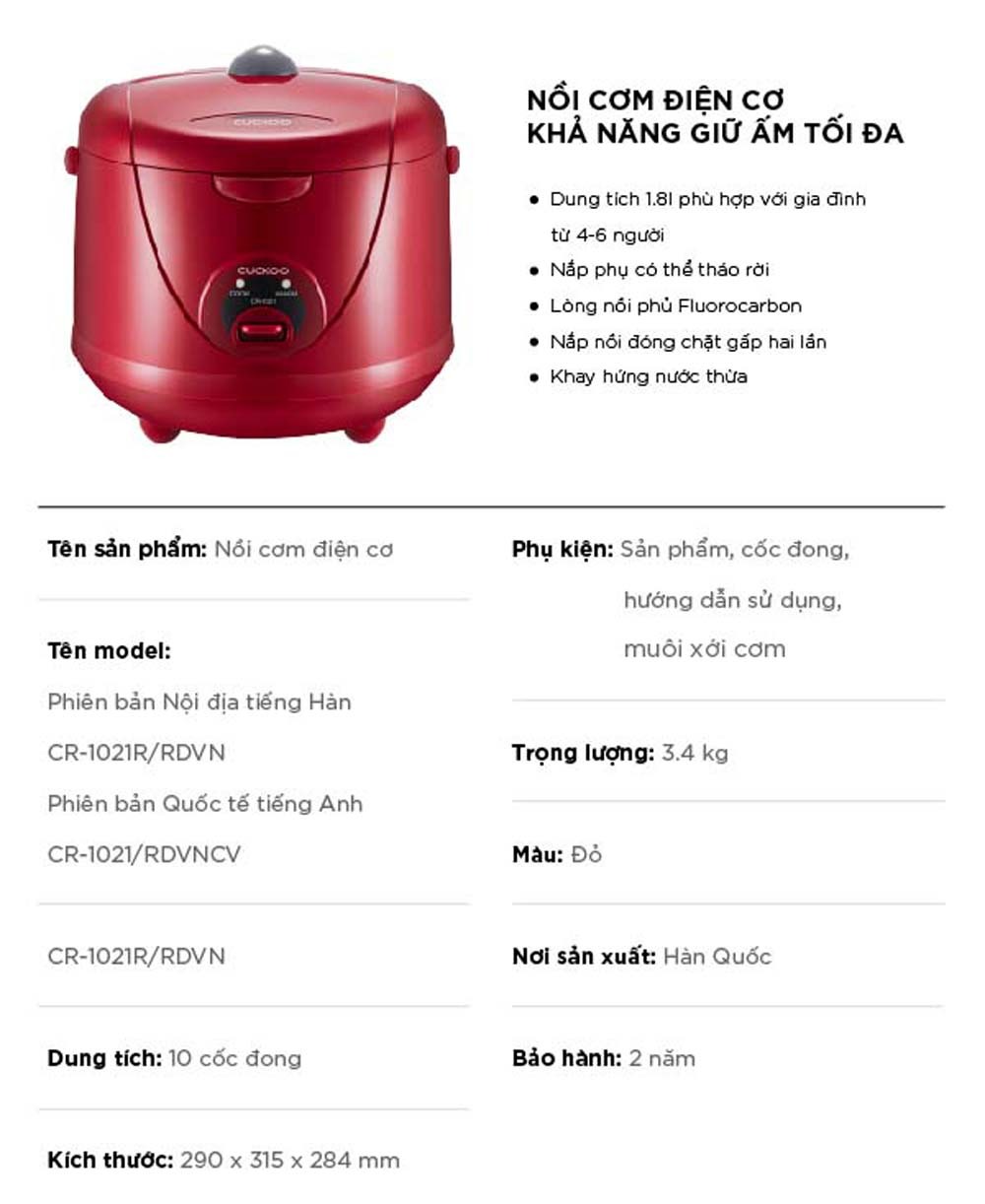 Review nồi cơm điện Cuckoo CR-1021R 1.8 Lít: công suất mạnh mẽ, cơm tơi ngon mỗi ngày