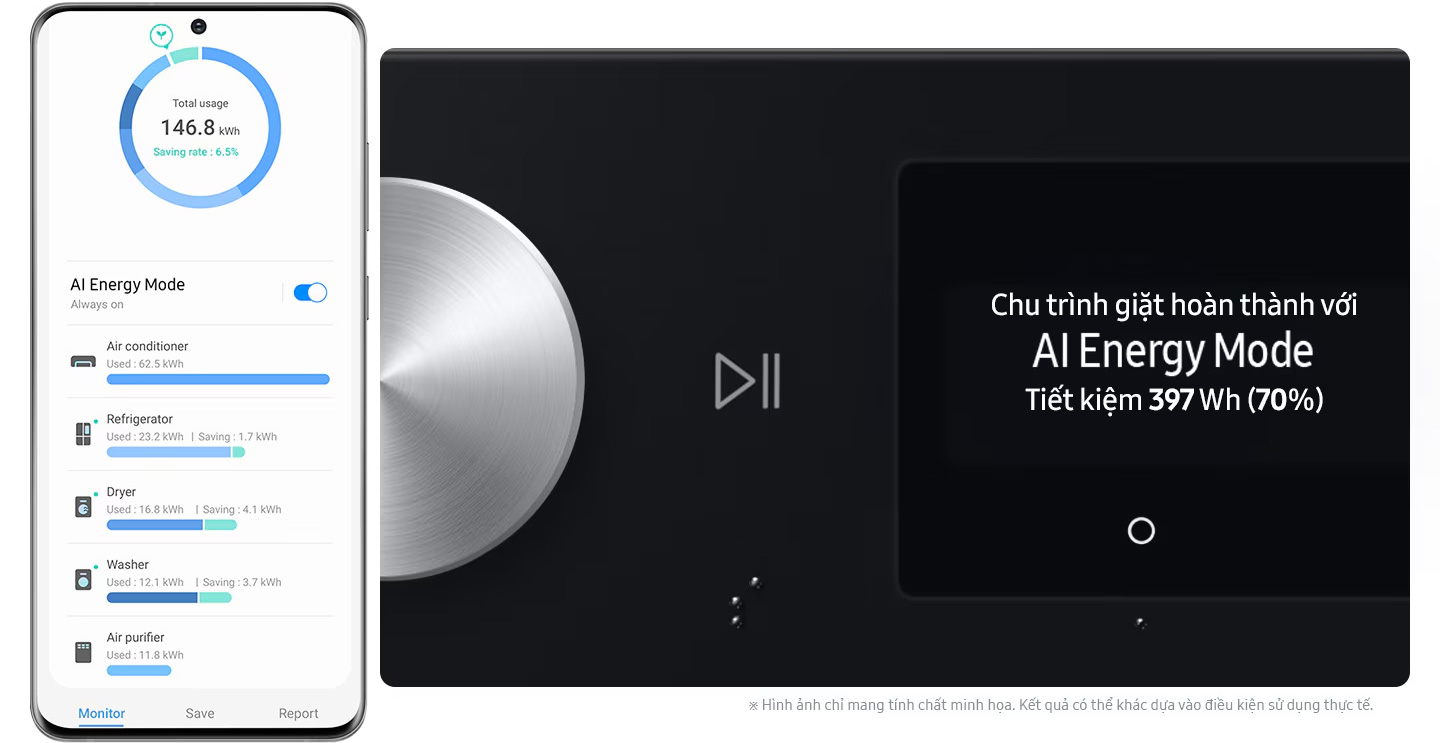 Mẹo sử dụng chế độ AI Energy trên máy giặt Samsung cửa ngang 10kg WW10DB7U34GWSV giúp giảm hóa đơn tiền điện