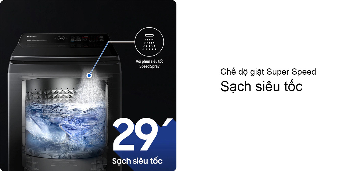 Làm sạch mạnh mẽ và vận hành êm ái cho gia đình đông người với máy giặt Samsung cửa trên 9,5kg WA95CG4545BDSV