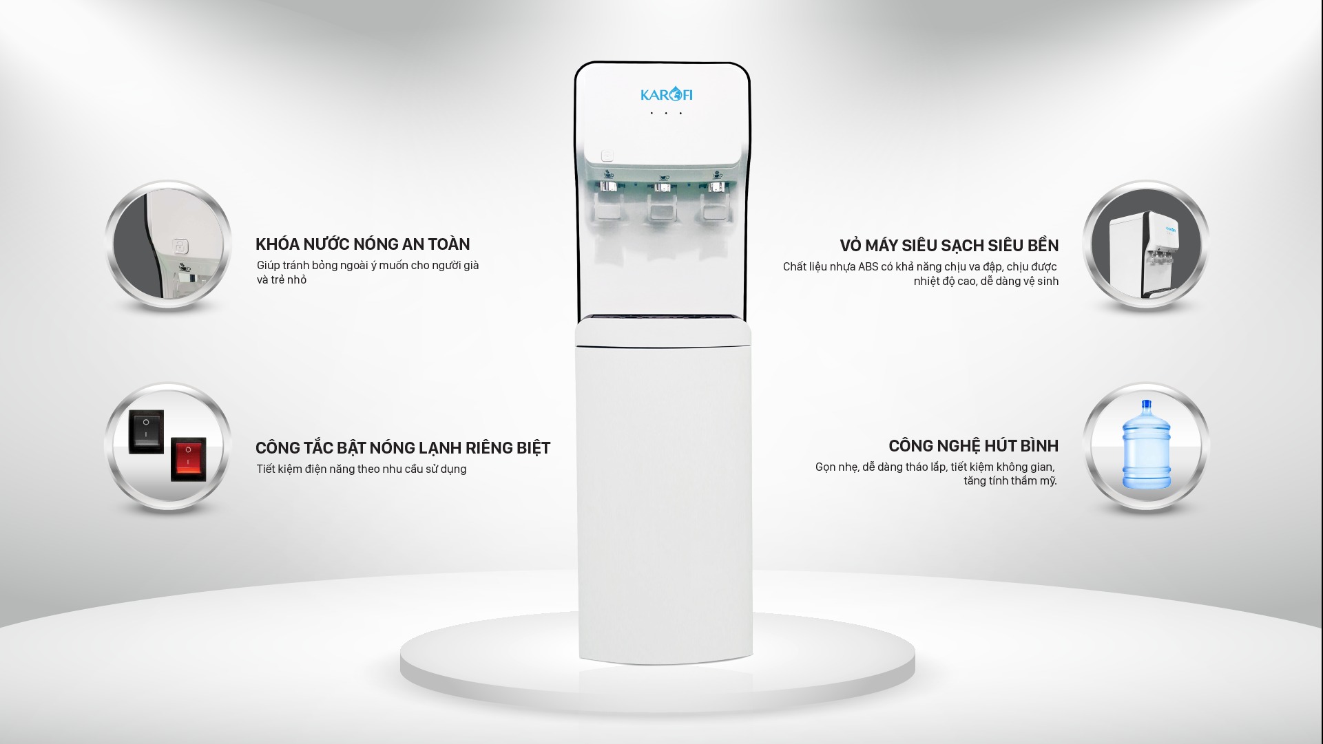 Tìm hiểu cây nước nóng lạnh Karofi HC18 chính hãng tiết kiệm điện, an toàn khi dùng