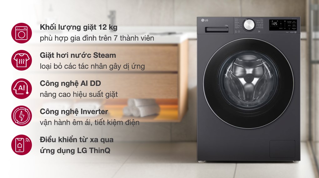 Máy giặt LG 12kg FX1412N5G tiện dụng nhờ công nghệ giặt hiện đại