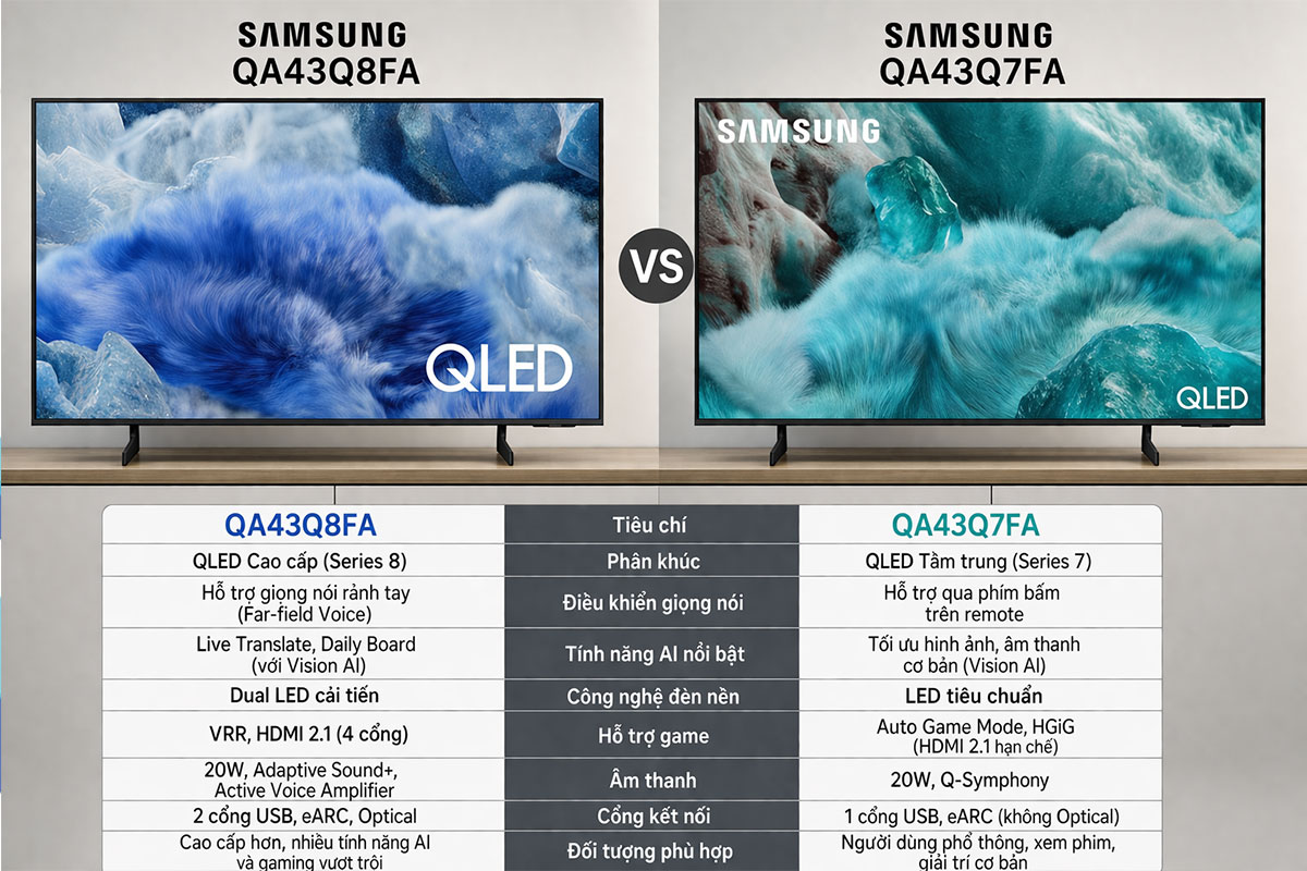 So sánh hai model tivi Samsung QA43Q8FA và QA43Q7FA, nên mua tivi 43 inch nào?