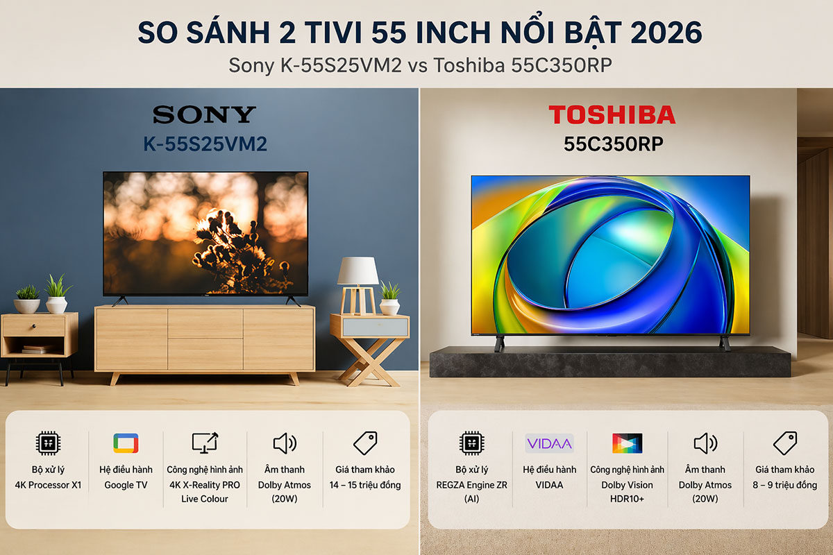 Tư vấn mua tivi 55 inch 2026: Chọn tivi Sony K-55S25VM2 hay tivi Toshiba 55C350RP?