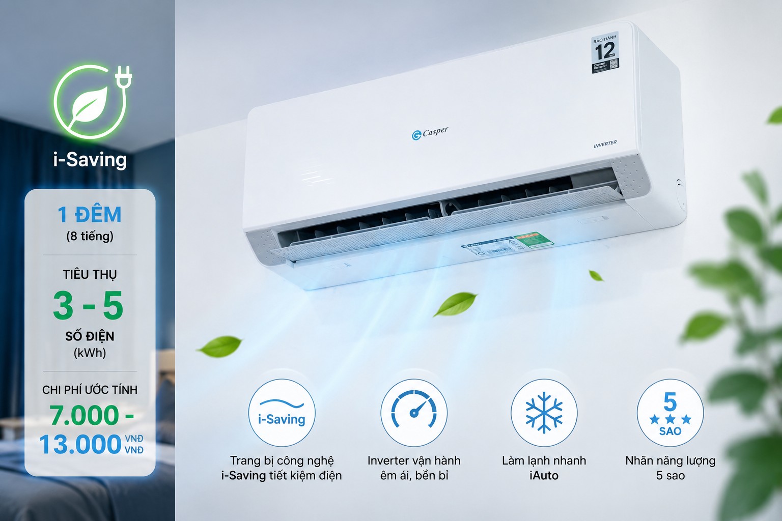 Điều hòa Casper 12000btu QC-12IU36A tốn bao nhiêu điện 1 đêm? Bí mật từ công nghệ i-Saving