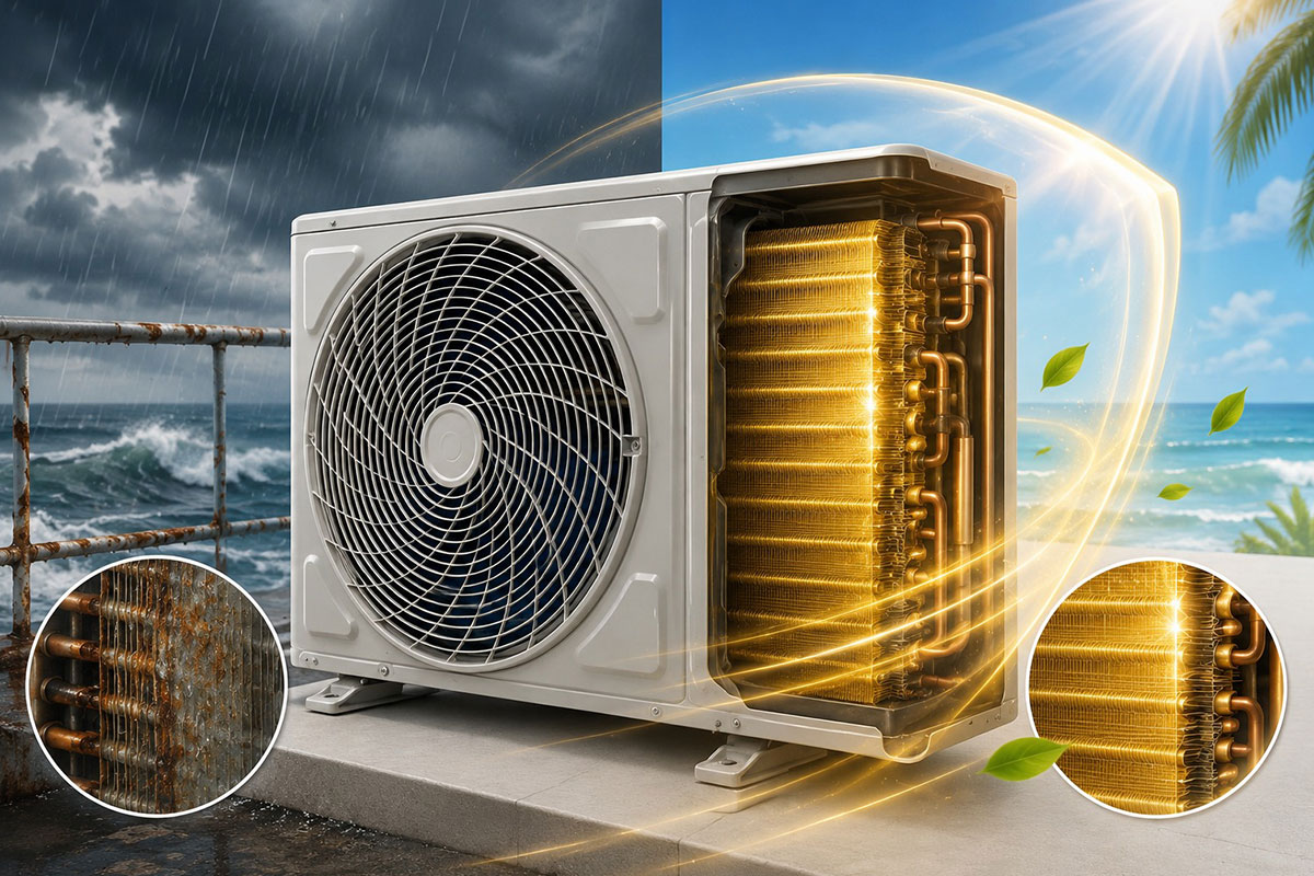 Dàn tản nhiệt đồng mạ vàng trên điều hòa Casper JC-18IU36 chống ăn mòn hiệu quả thế nào?