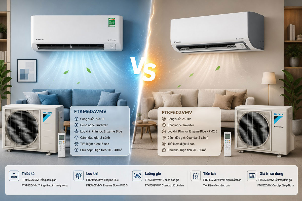 So sánh chi tiết điều hòa Daikin FTKM60AVMV và FTKF60ZVMV, nên chọn dòng nào?