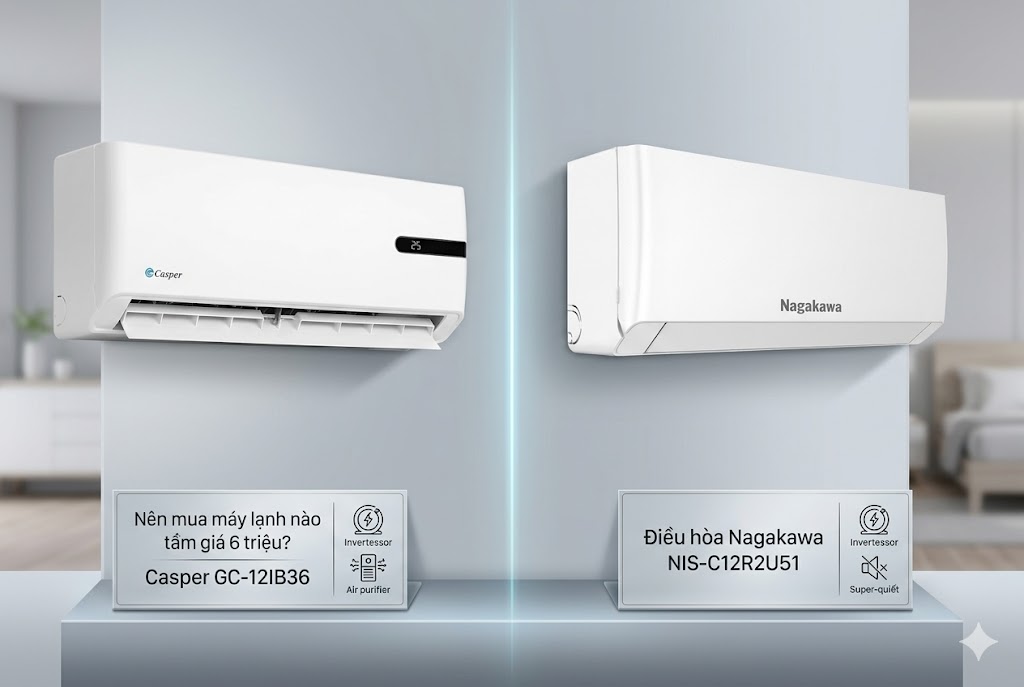 Nên mua máy lạnh nào tầm giá 6 triệu giữa điều hòa Casper GC-12IB36 và Nagakawa NIS-C12R2U51?