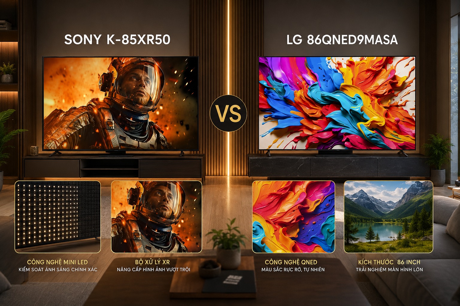 Ngân sách 50 triệu đồng, nên chọn tivi Sony K-85XR50 hay LG 86QNED9MASA?