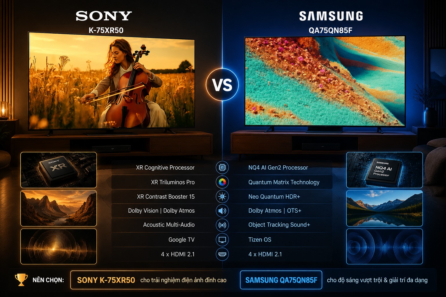 So sánh tivi Sony K-75XR50 và Samsung QA75QN85F, đâu là dòng tivi Mini LED đáng mua?
