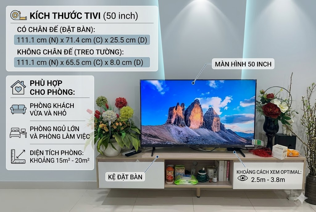 Kích thước tivi Sony 50 inch K-50S25VM2 là bao nhiêu, phù hợp phòng nào?