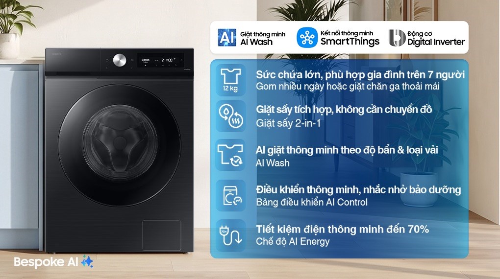 Ưu nhược điểm trên máy giặt sấy Samsung 12kg sấy 7kg WD12DB7B85GBSV?