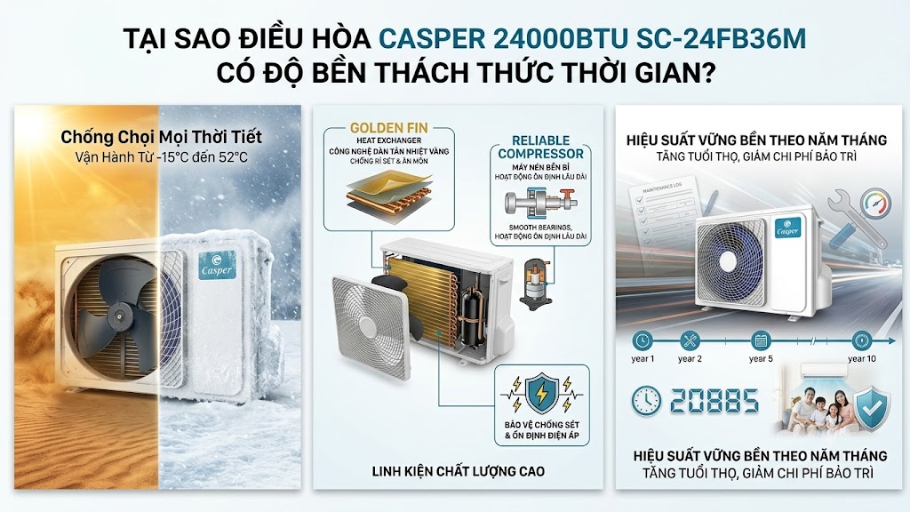 Tại sao điều hòa Casper 24000btu SC-24FB36M có độ bền thách thức thời gian?