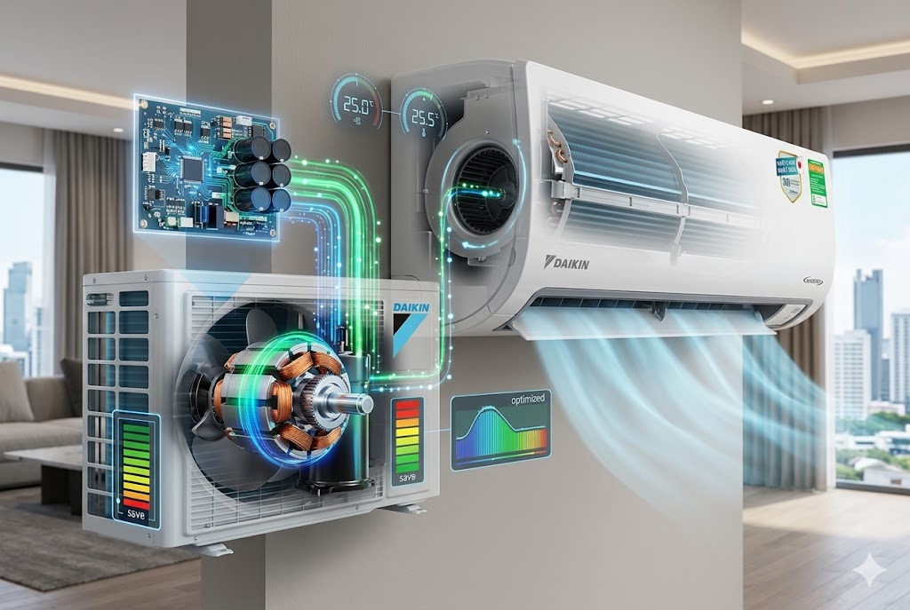 Công nghệ nverter trên điều hòa Daikin FTKB60ZVMV tiết kiệm điện ra sao?