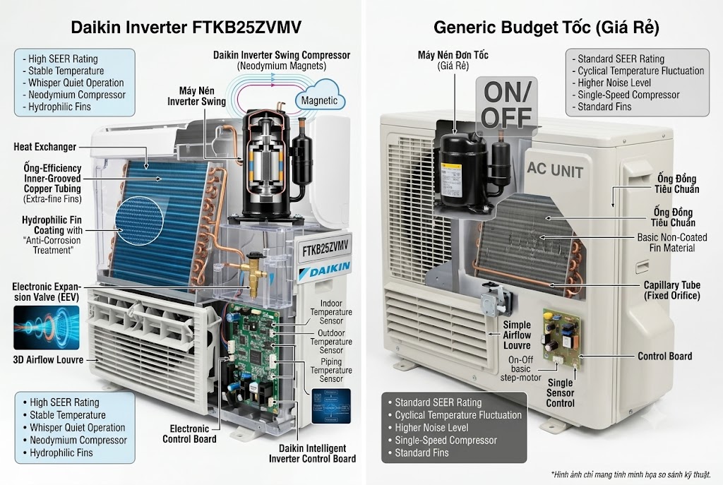 Mổ xẻ điều hòa Daikin inverter FTKB25ZVMV có gì khác biệt so với dòng máy giá rẻ?
