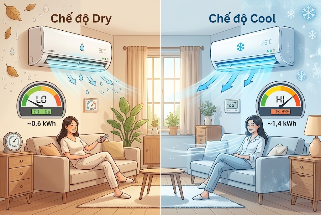 Chế độ Dry và Cool trên điều hòa bật chế độ nào đỡ tốn điện hơn?