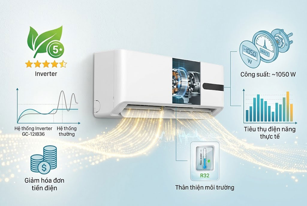 Điều hòa Casper 12000btu GC-12IB36 có tiết kiệm điện không? Tiêu thụ bao nhiêu W?