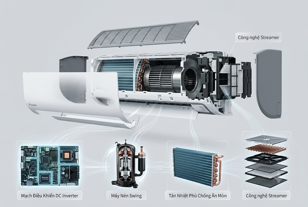 Mổ xẻ công nghệ trên điều hòa Daikin inverter FTKF35ZVMV - Đắt xắt ra miếng