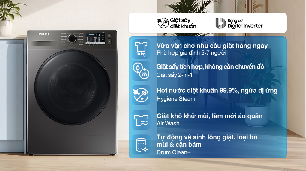Máy giặt sấy Samsung 10kg WD10HG4U04BBSV có dễ sử dụng? Chính sách bảo hành ra sao?