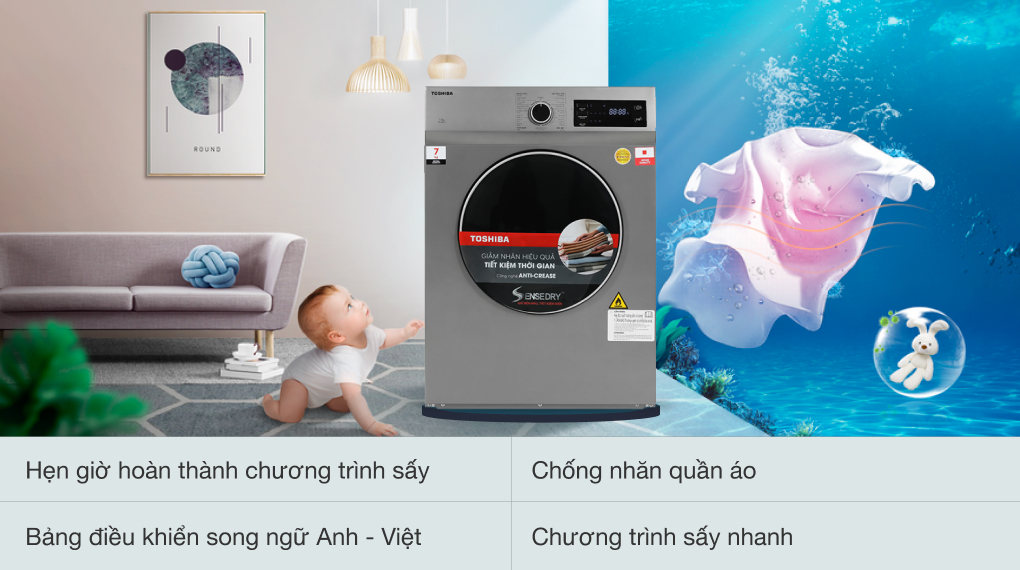 Máy sấy quần áo Toshiba 7kg TD-H80SEV(SK) tiện ích và thuận tiện cho mọi gia đình