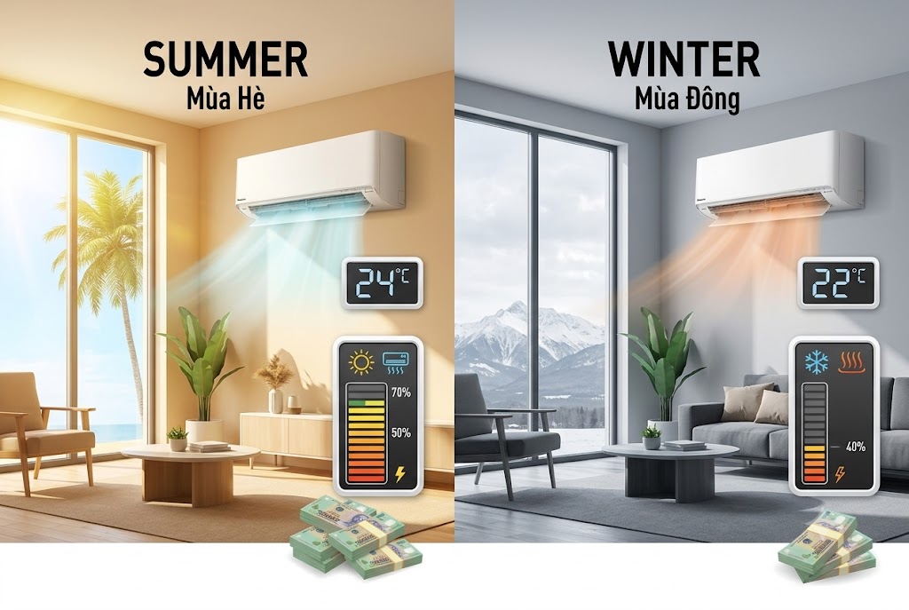 So sánh tiền điện mùa đông và mùa hè khi sử dụng điều hòa Panasonic 2 chiều CS-XZ12BKH-8